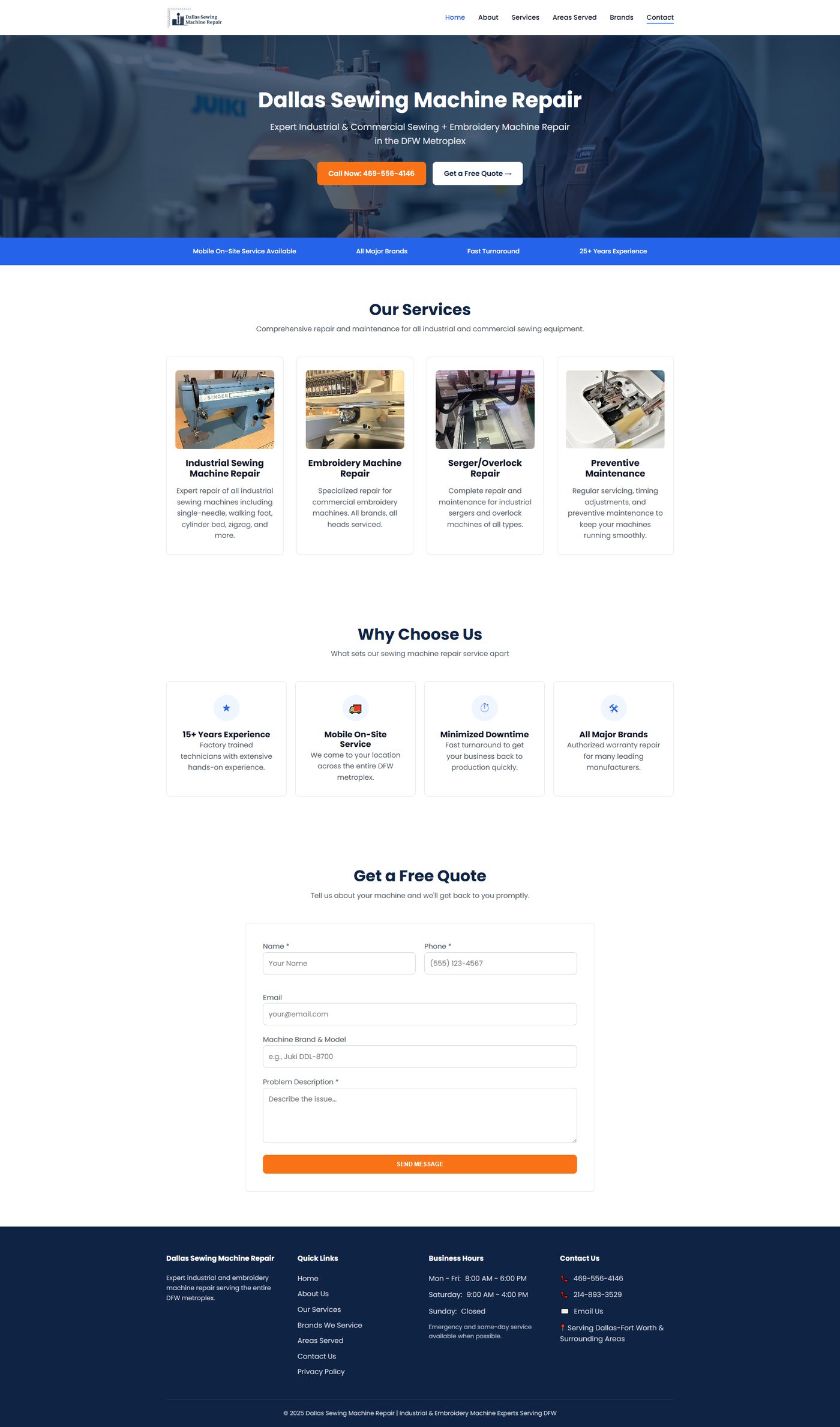 Captura del sitio dallas sewing machine repair