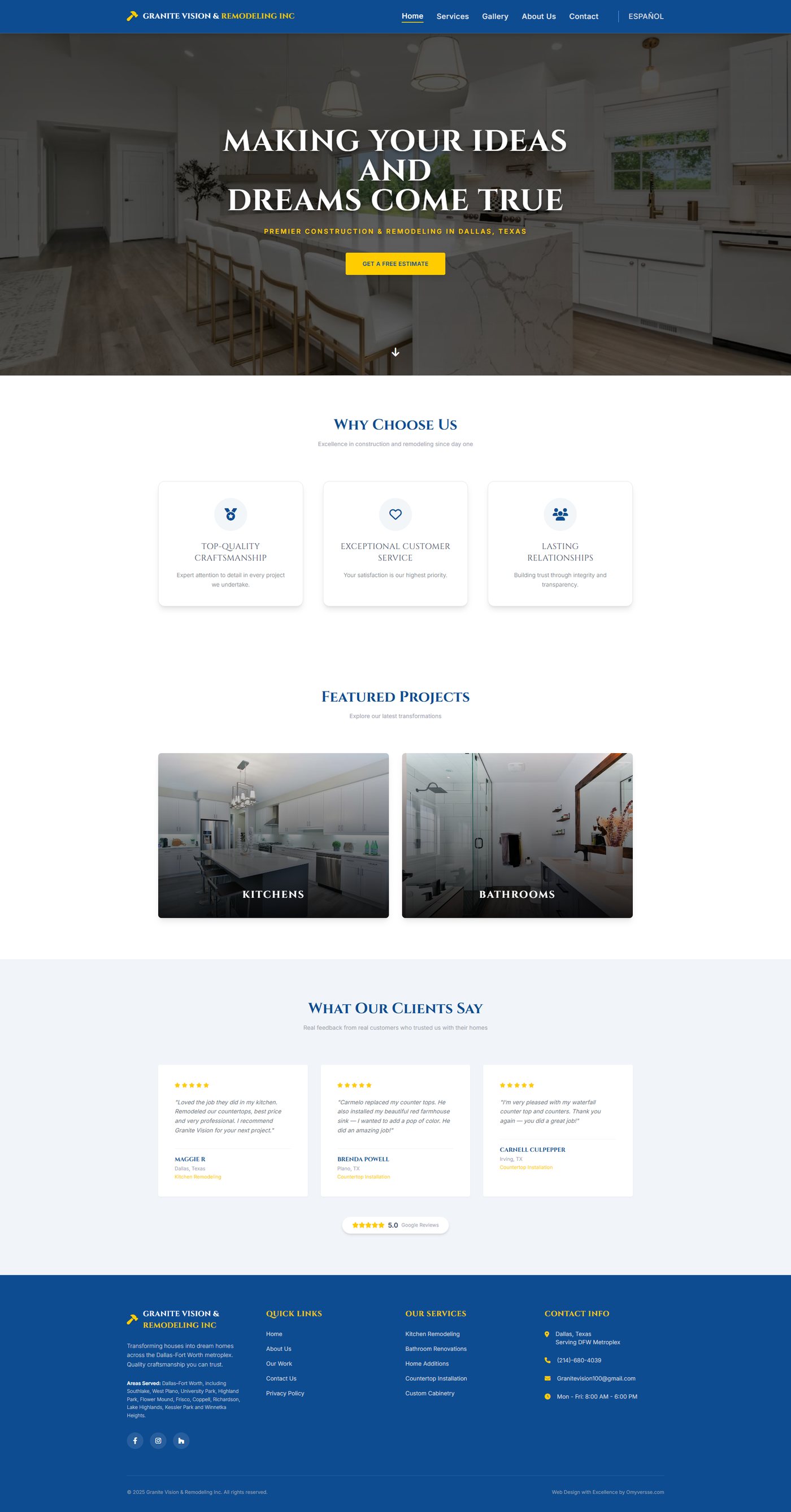 Homepage screenshot of Granite Vision & Remodeling