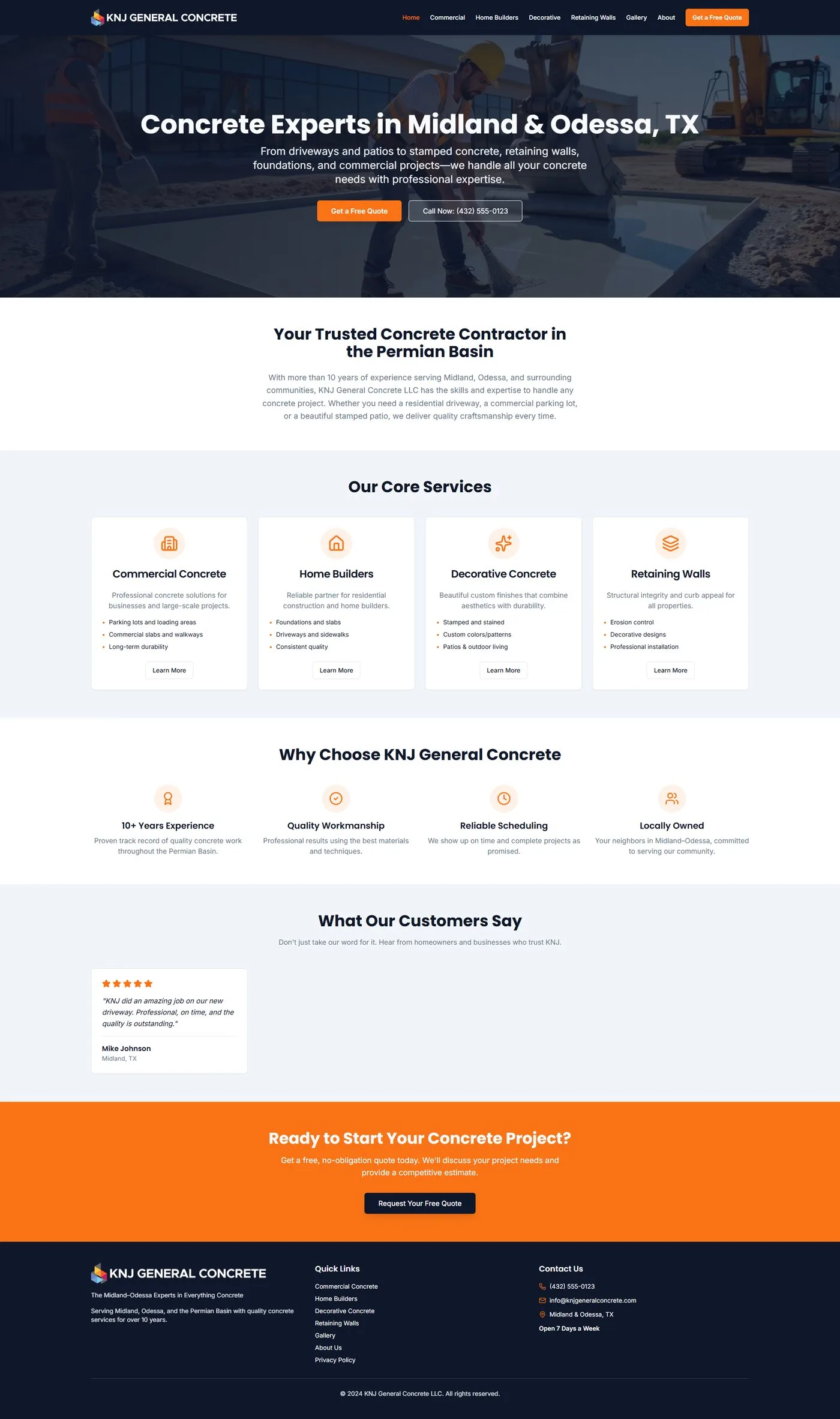 Homepage screenshot of KNJ General Concrete